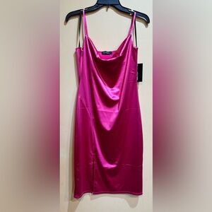 Pink satin midi dress with slit. Never worn. NWT